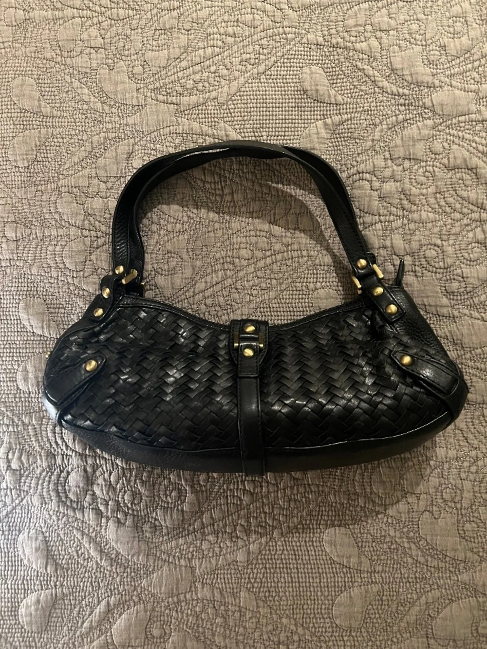Cole Haan Village Weave Black Pebbled Leather Bag with Antiqued Brassy Trim